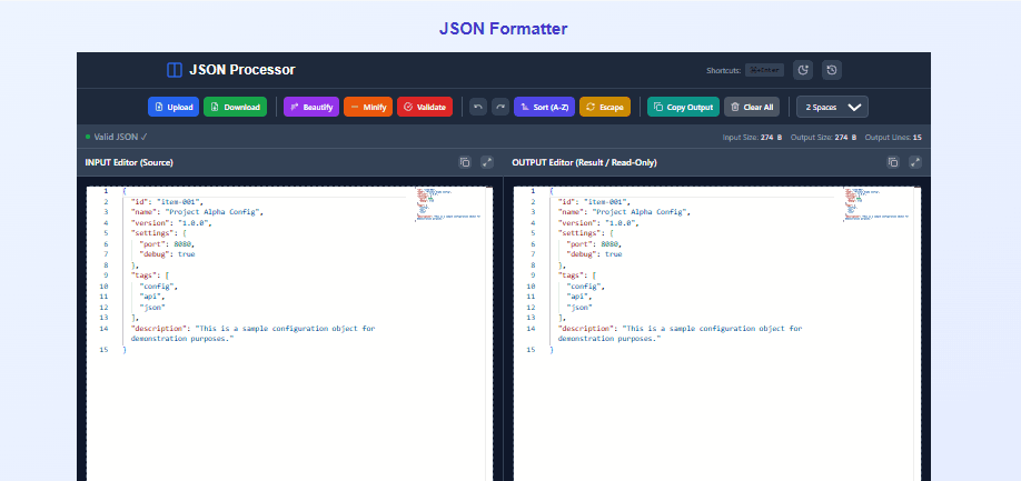 JSON Formatter – Online Validator & Minifier Tool