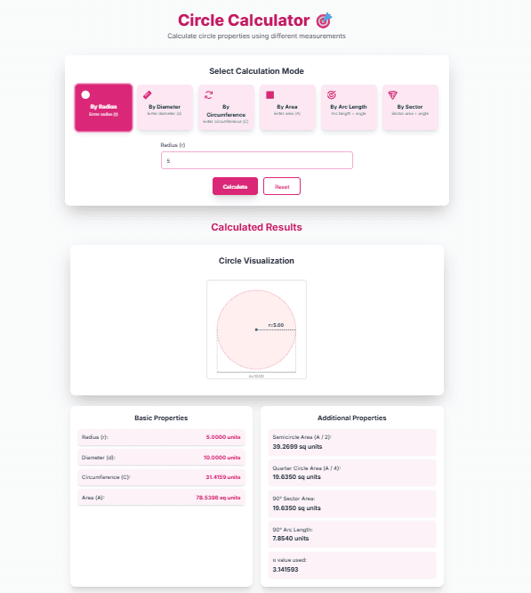 Circle Calculator: Calculate Radius, Diameter, Circumference, Area & More