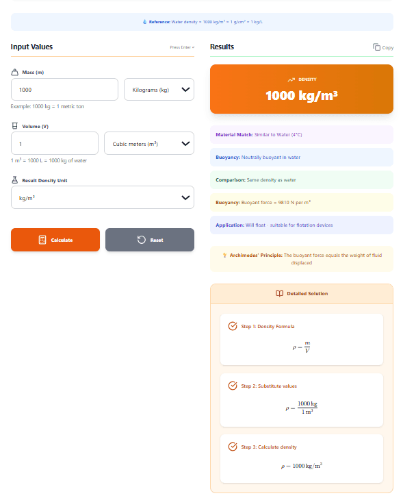 Density Calculator – Calculate ρ = m/V with Step-by-Step Solutions