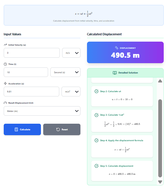 Displacement Calculator – Calculate s = ut + ½at² with Step-by-Step Solutions