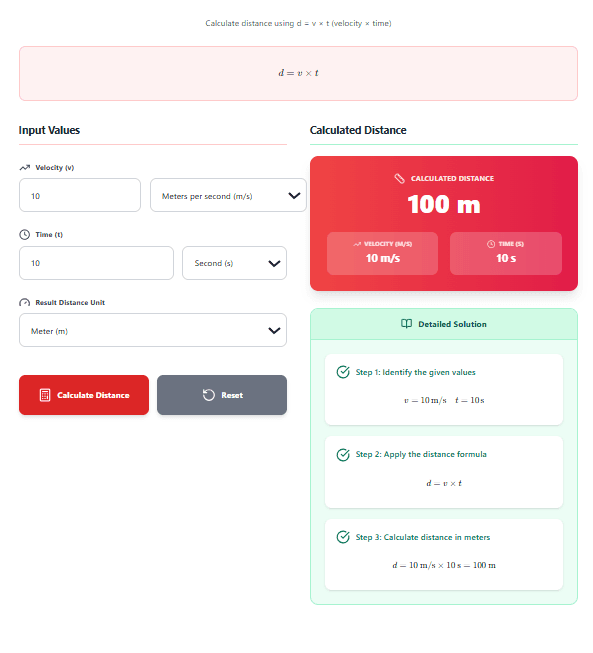 Distance Calculator – Calculate d = v × t with Step-by-Step Solutions