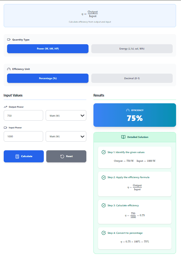 Efficiency Calculator – Calculate η = Output/Input with Step-by-Step Solutions