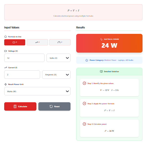 Electrical Power Calculator – Calculate P = VI = I²R = V²/R with Step-by-Step Solutions