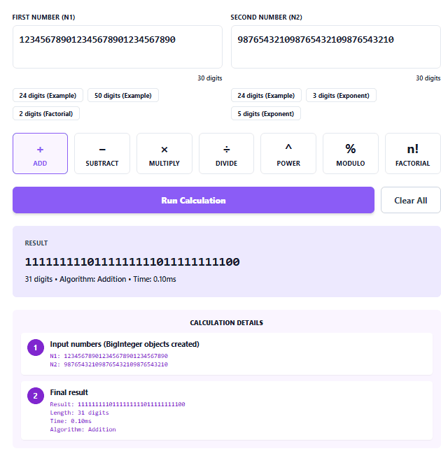Big Number Calculator: Perform Arithmetic on Huge Integers Step by Step