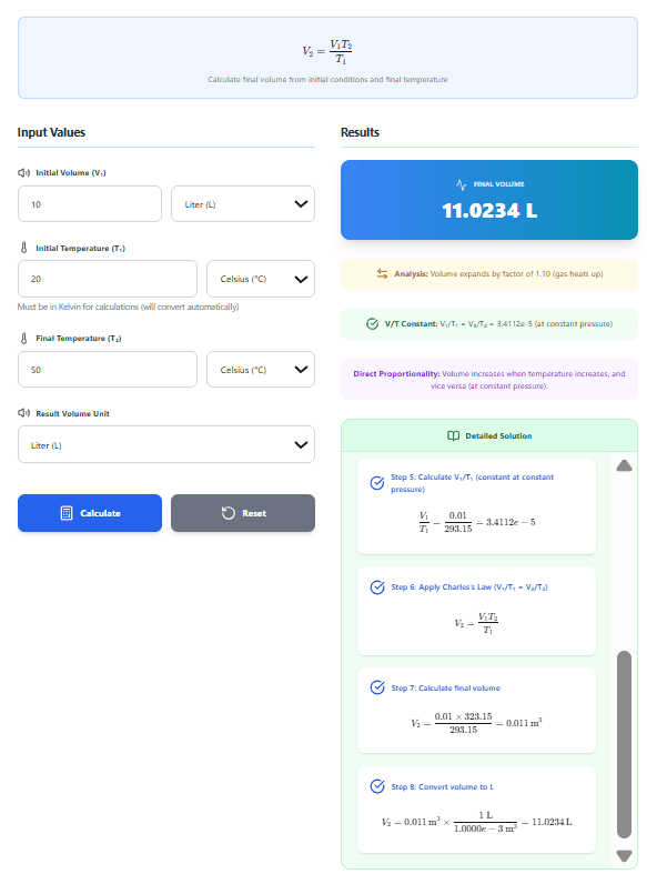 Charles's Law Calculator – Calculate V₁/T₁ = V₂/T₂ with Step-by-Step Solutions