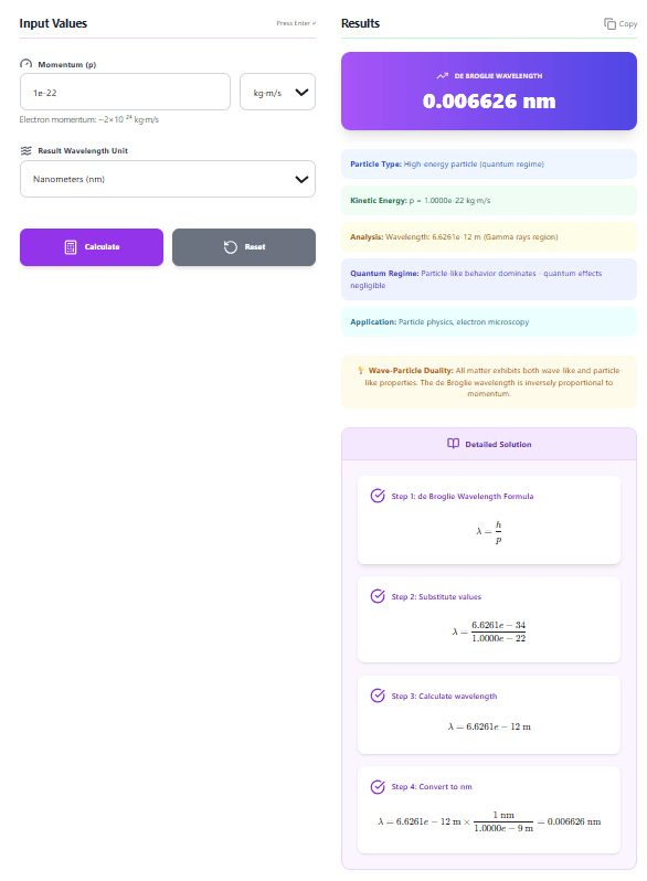 de Broglie Wavelength Calculator – Calculate λ = h/p with Step-by-Step Solutions