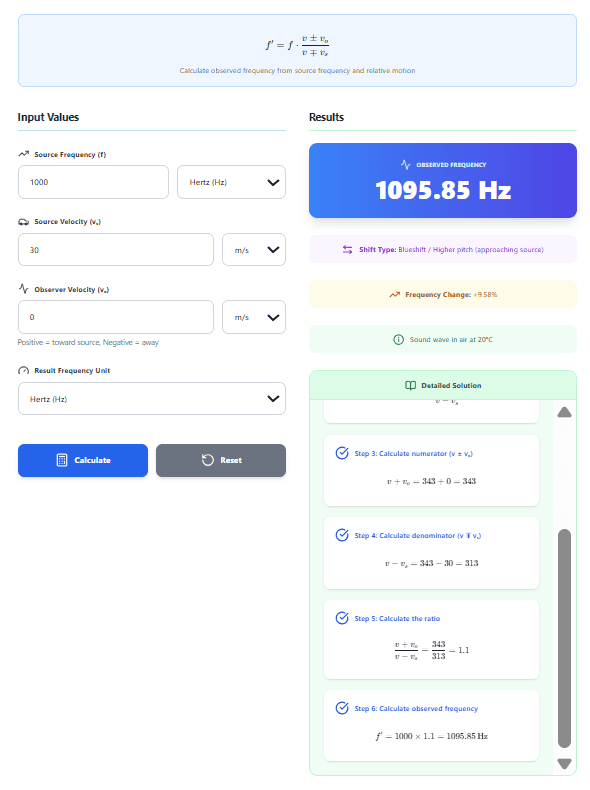 Doppler Effect Calculator – Calculate f' = f(v ± vₒ)/(v ∓ vₛ) with Step-by-Step Solutions