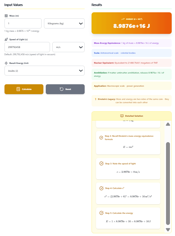 Einstein Energy Calculator – Calculate E = mc² with Step-by-Step Solutions
