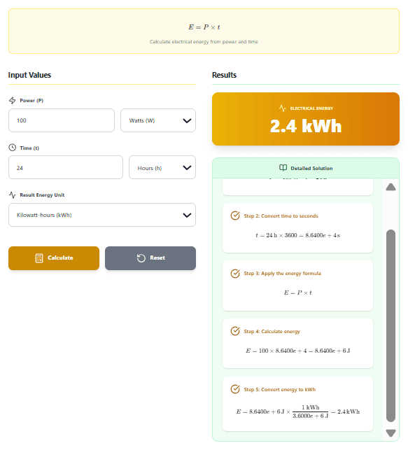 Electrical Energy Calculator – Calculate E = P × t with Step-by-Step Solutions