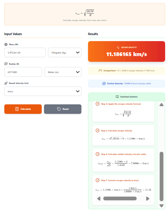 Escape Velocity Calculator – Calculate v = √(2GM/R) with Step-by-Step Solutions
