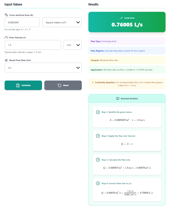 Flow Rate Calculator – Calculate Q = A × v with Step-by-Step Solutions