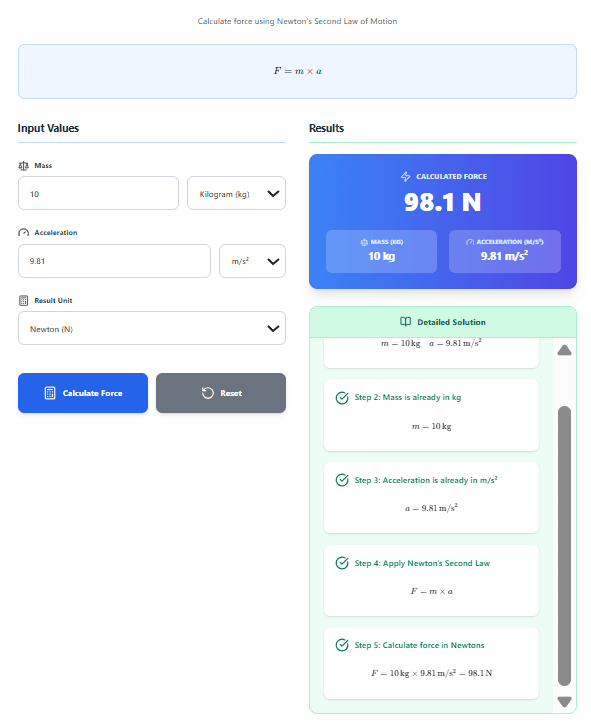 Force Calculator – Calculate F = m × a with Step-by-Step Solutions