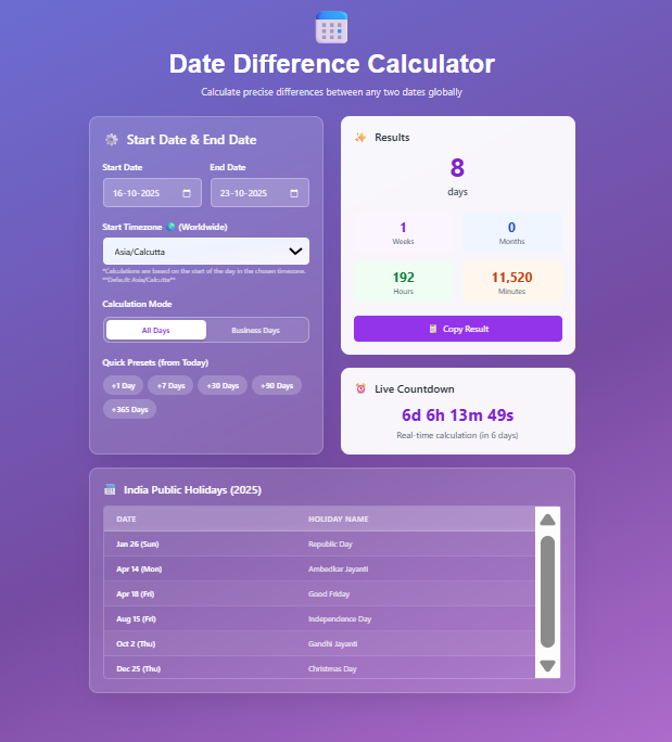 Advanced Date Difference Calculator – Calculate Days, Business Days & Holidays Worldwide | Solvezi