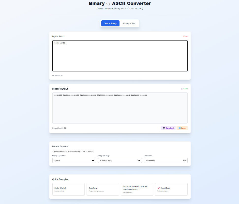 Binary to ASCII Converter – Instant Text ↔ Binary Conversion | Solvezi