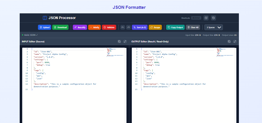 JSON Formatter – Beautify, Minify & Validate JSON Online | Solvezi