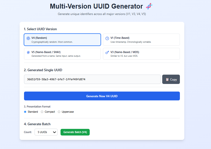 Comprehensive UUID Generator Guide – Generate V1, V3, V4 & V5 UUIDs Instantly | Solvezi