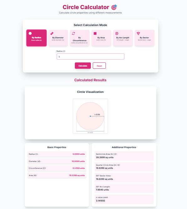 Circle Calculator: Calculate Radius, Diameter, Circumference, Area & More