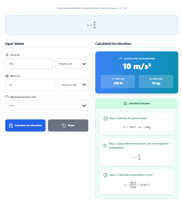Acceleration Calculator – Calculate Acceleration Using Newton's Second Law (a = F/m)