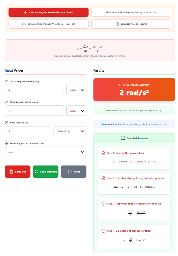 Angular Acceleration Calculator – Calculate α = Δω/Δt with Step-by-Step Solutions