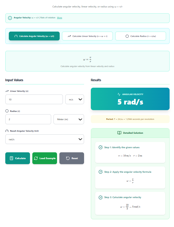 Angular Velocity Calculator – Calculate ω = v/r with Step-by-Step Solutions