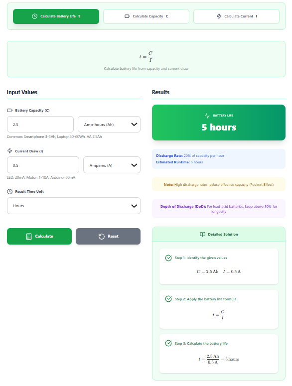 Battery Life Calculator – Calculate Runtime Using t = C / I with Step-by-Step Solutions