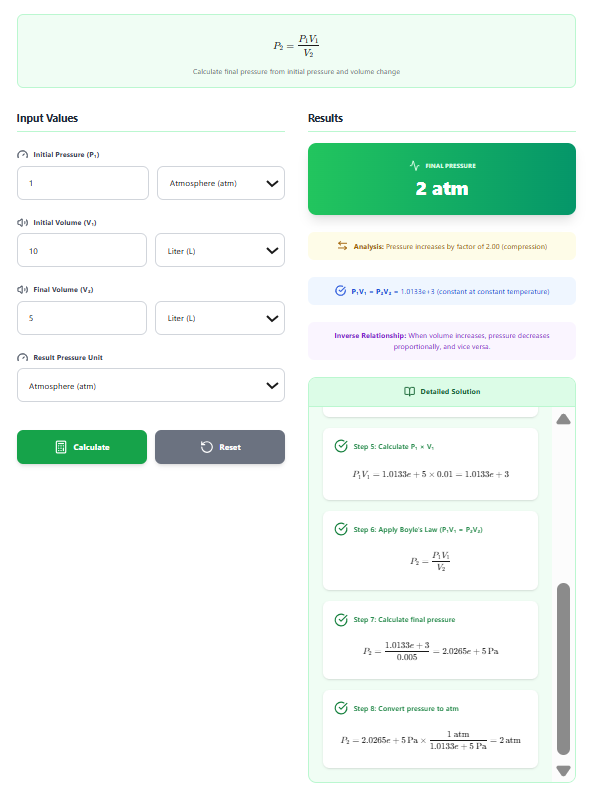 Boyle's Law Calculator – Calculate P₁V₁ = P₂V₂ with Step-by-Step Solutions