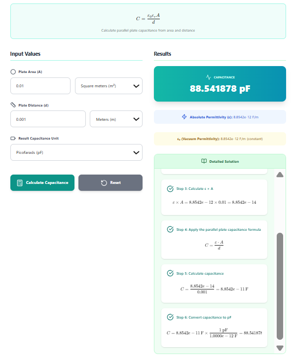 Capacitance Calculator – Calculate Parallel Plate Capacitance Using C = ε₀εᵣA/d