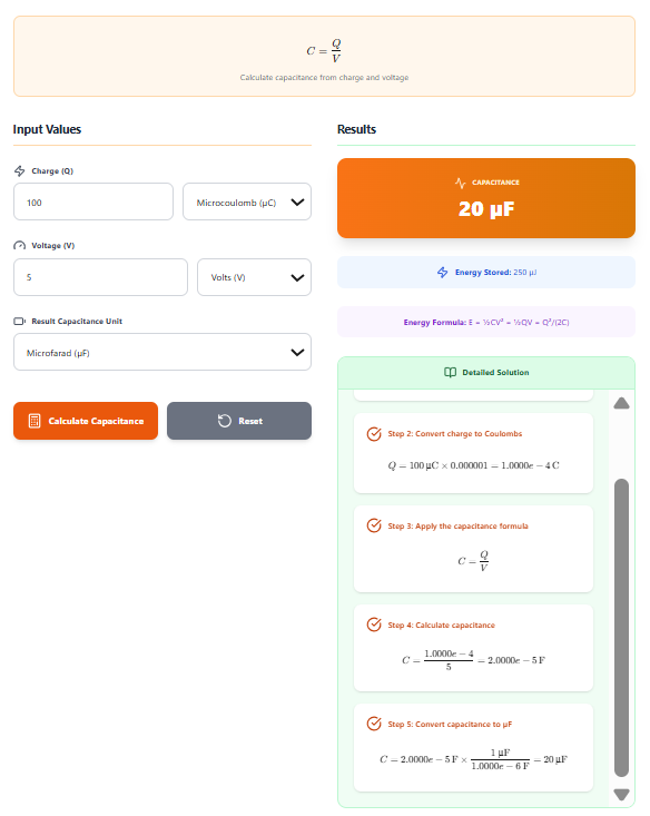 Capacitor Calculator – Calculate Capacitance, Charge, or Voltage Using C = Q/V